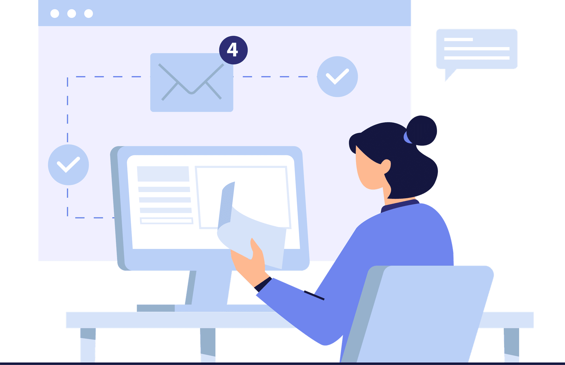 Graphic of female in front of laptop with email programme open and envelope above the screen.