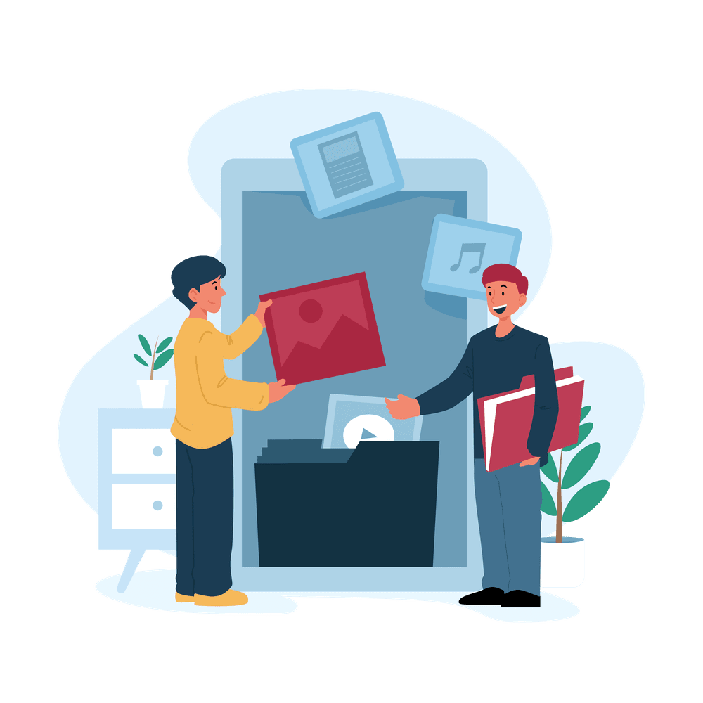 Graphic of 2 characters placing files in a large folder.