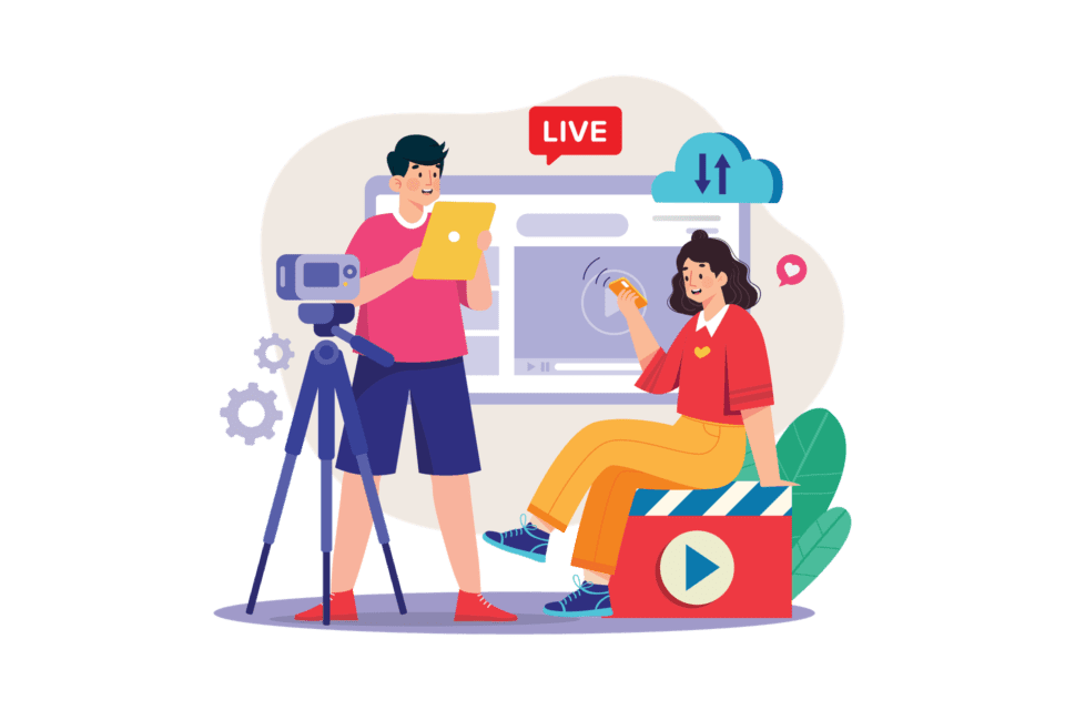 Graphic of two young people - one filming the other for a podcast.