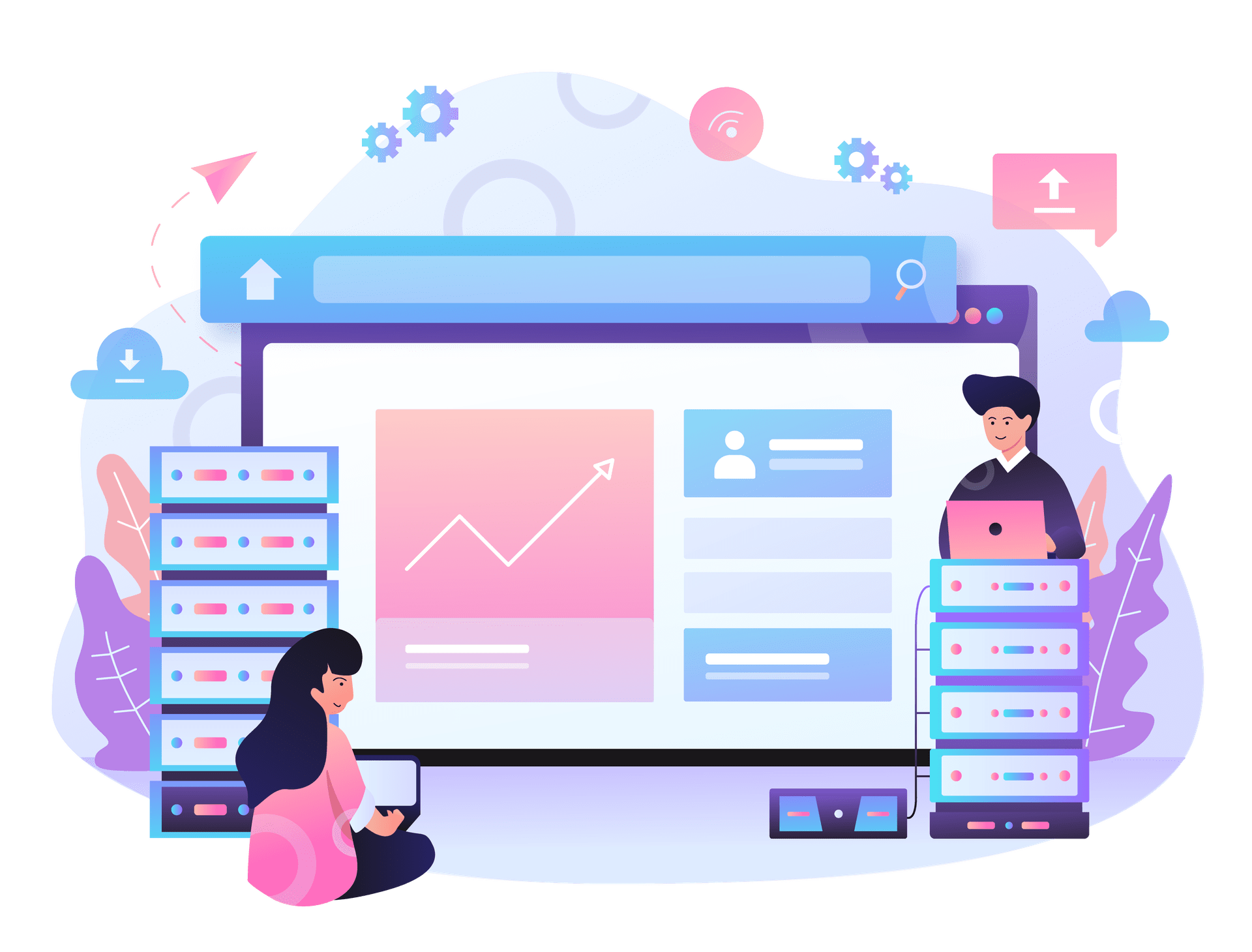 Graphic of two characters with illustrations representing hosting servers.