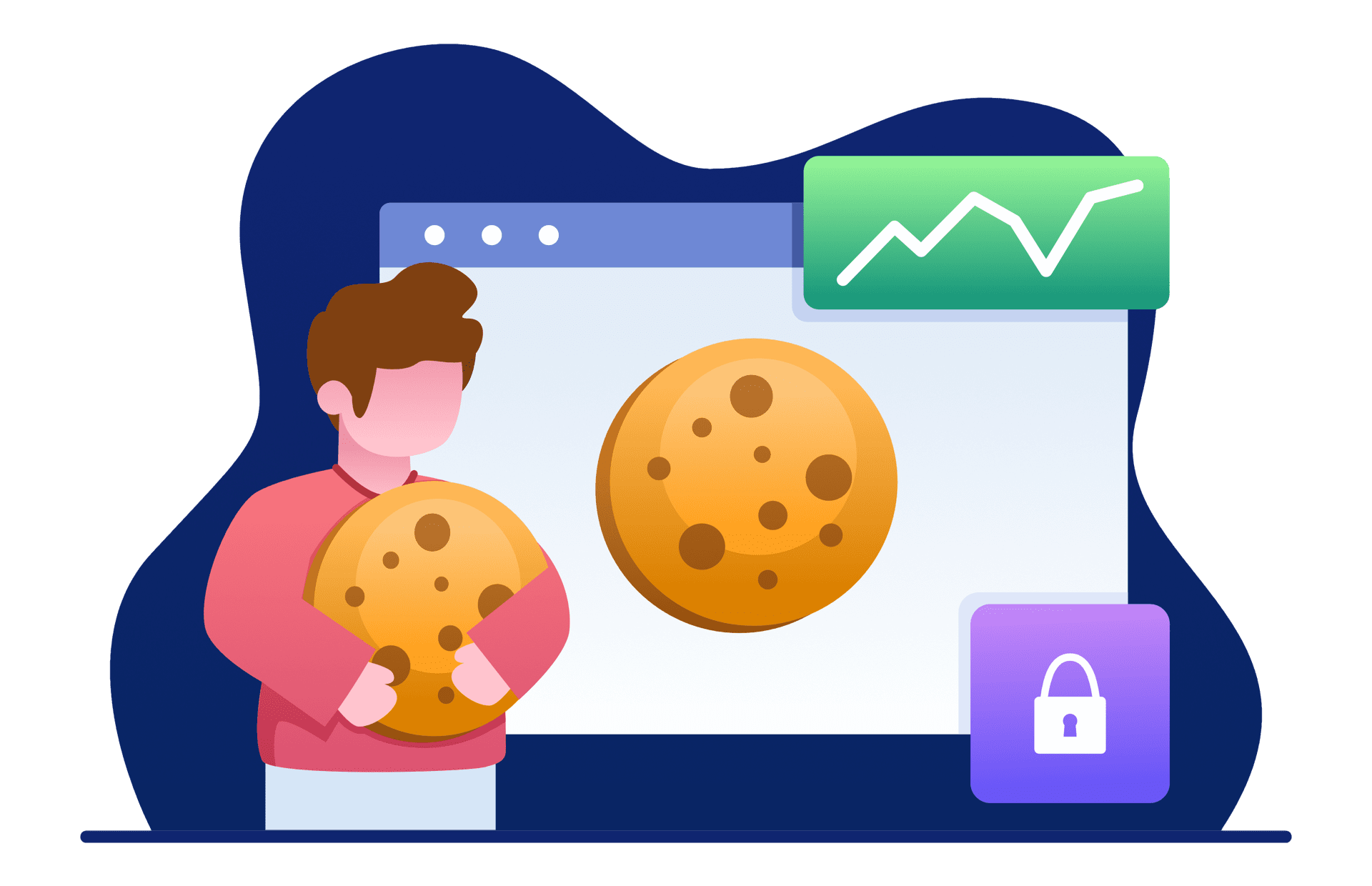 Graphic of male standing in front of a computer screen showing a cookie and lock symbol.