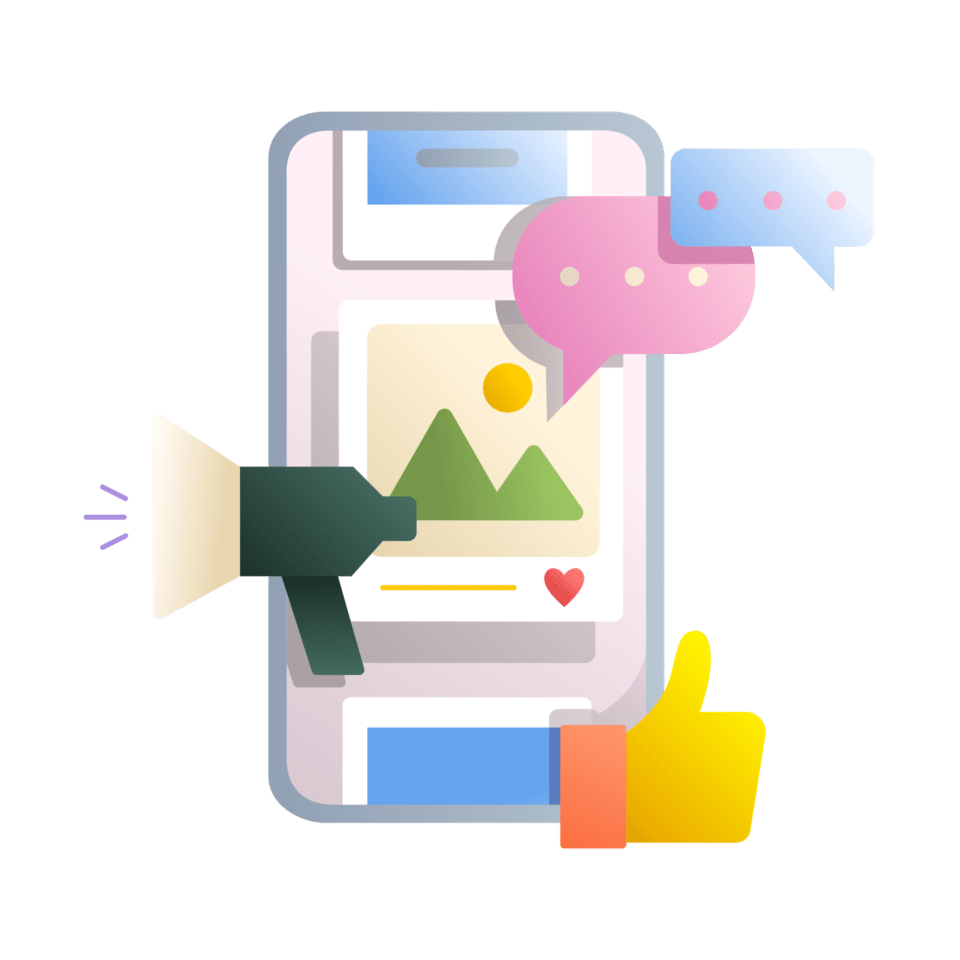 Graphic of phone with social media feed.